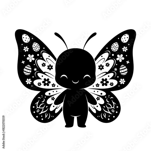 Cute cartoon butterfly character vector illustration with floral and Easter egg wing patterns isolated on white background