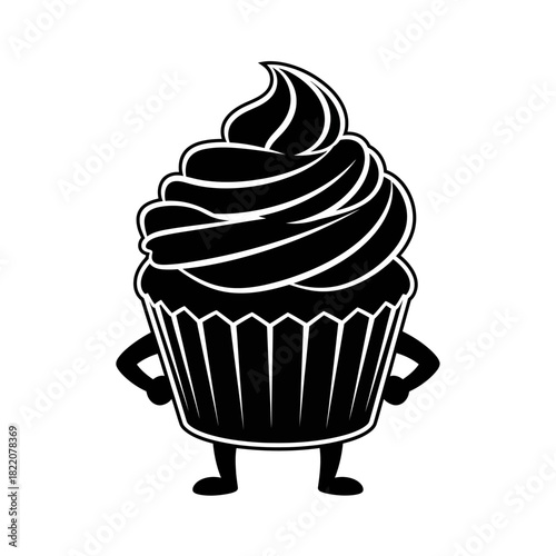 Delightful cupcake character vector illustration standing with confident pose and hands on hips isolated on white background