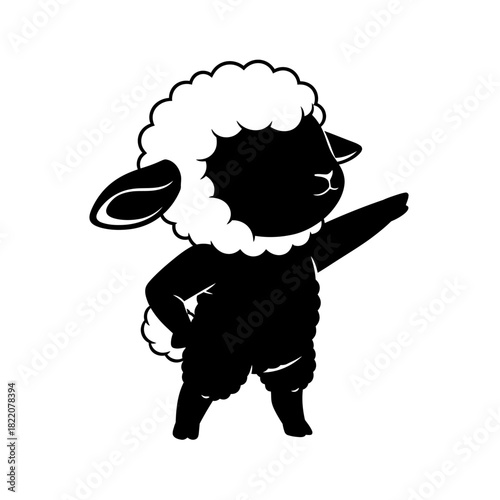 Cute cartoon sheep character vector with fluffy wool standing confidently and gesturing upwards isolated on white background