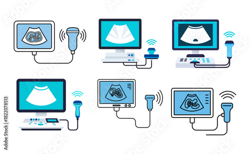 Ultrasound machines display fetal images in a medical office, showcasing diagnostic technology for prenatal care with a modern, clean aesthetic.