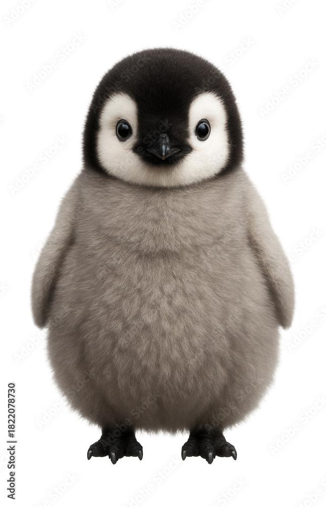 Fototapeta premium Fluffy grey chick with a black head, standing upright like an emperor penguin.