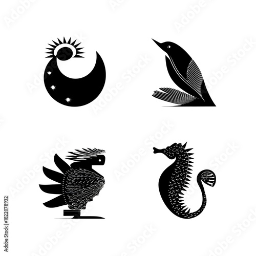 Abstract illustrations of various animals and celestial body elements