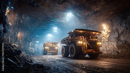 Heavy dump trucks are working inside a dark underground mine tunnel, transporting ore and minerals from the quarry, highlighting industrial production and raw material extraction