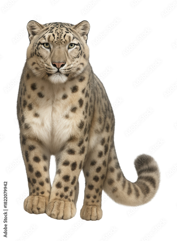 Fototapeta premium Snow leopard with dense, spotted coat and long, fluffy tail extended.
