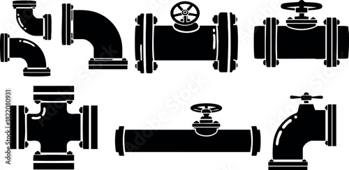 Plumbing pipes and valves vector set for industrial plumbing design and construction projects
