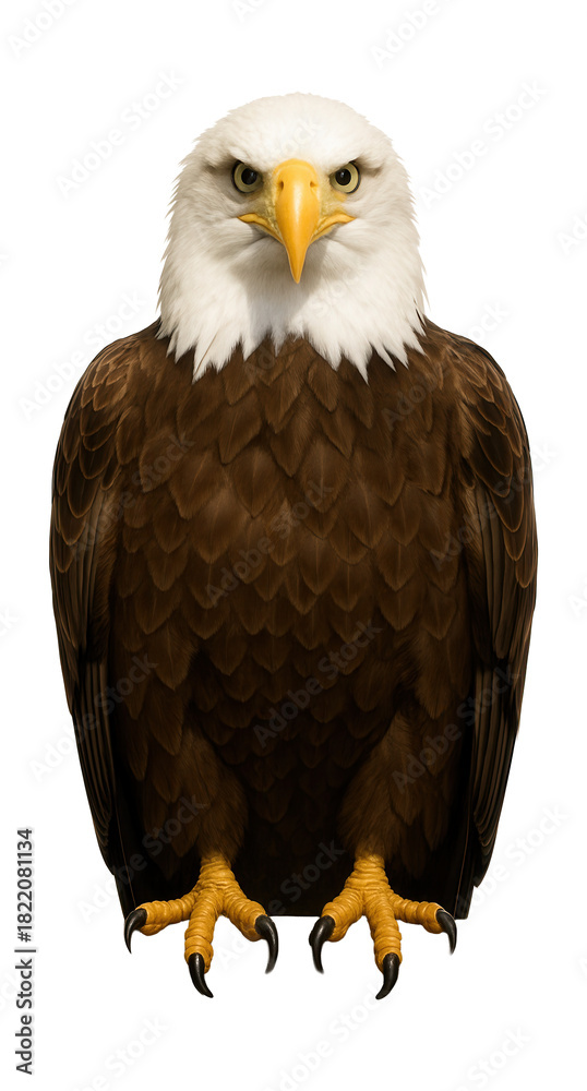 Fototapeta premium Perched bald eagle with a white head, brown body, and sharp yellow beak.