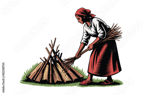 Woman bundling wheat stalks in a field