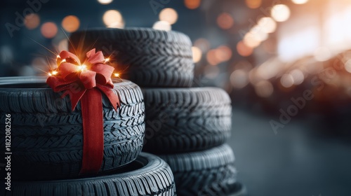 A stack of new car tires decorated with a festive red bow sparkles under soft lights. This automotive gift scene blends celebration, holiday, and car themes beautifully.