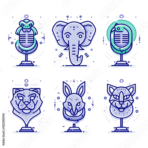 Stylized animal icons featuring microphones vector illustration design