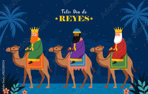 Feliz Dia de Reyes Illustration Three Wise Men Riding Camels