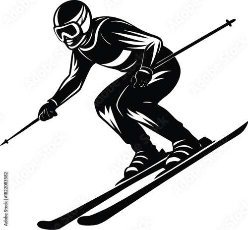 Dynamic skier slalom run silhouette vector showing fast downhill motion and sharp turns. Ideal for winter sports graphics, ski posters, icons, apparel prints, and outdoor adventure designs.