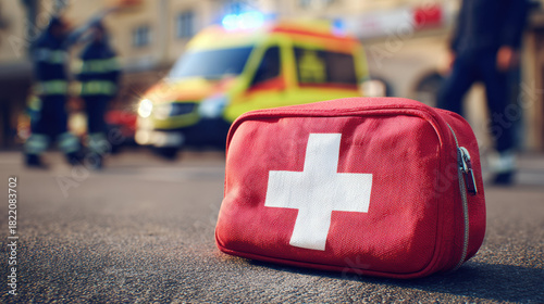 A red first aid kit sits on asphalt near an ambulance and emergency responders. This medical kit is essential for immediate care in urban accident situations.