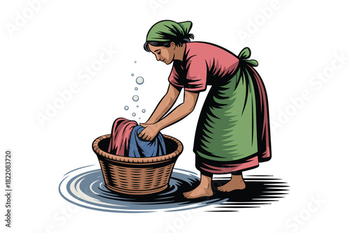 Woman washing clothes in a basket by hand