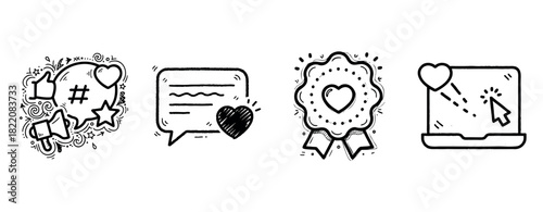 Social media icons: likes, comments, badges, engagement