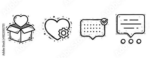 Love and communication icons: heart box, heart gear, chat bubble, message symbol in black and white