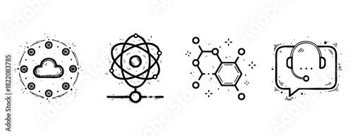 Cloud computing, atomic structure, molecular chemistry, and ai support icons in sketch style