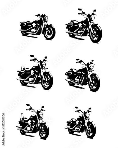 Black and White Cruiser Motorcycle Silhouettes: Vector Set of Classic Chopper, Bobber, and V-Twin Bike Icons, Ideal for Apparel and Branding.