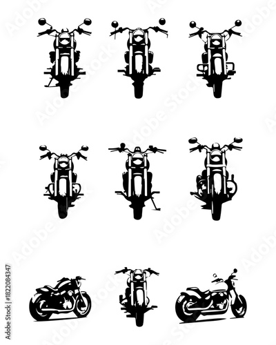 Front View Motorcycle Silhouettes Vector Set: Nine Black and White Icons of Cruiser and Chopper Bikes, Ideal for Emblems, Logos, and Graphic Design.