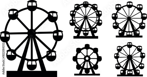 Ferris wheel set black silhouette amusement park attraction vector illustration