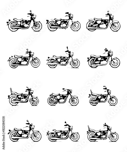 Minimalist Motorcycle Outlines Vector Set: Twelve Line Art Illustrations of Cruiser, Chopper, and Bobber Bikes for Icons, Logos, and Graphic Design