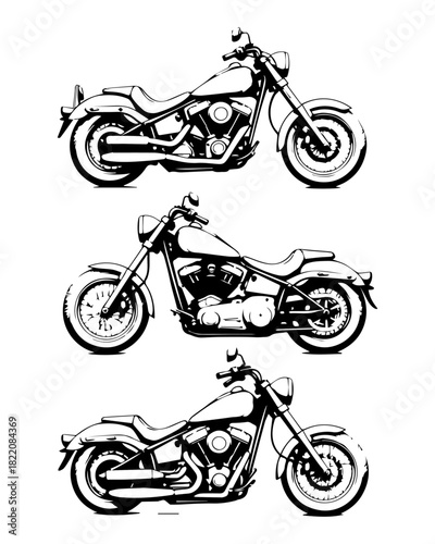 Black & White Cruiser Motorcycle Art Hand-Drawn Vector Set of Classic Chopper & Bobber Illustrations, Plus Flat Design Rider Icons