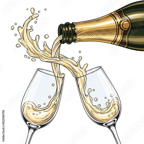 Illustration of a champagne bottle pouring sparkling wine into two clinking glasses, creating a celebratory splash.