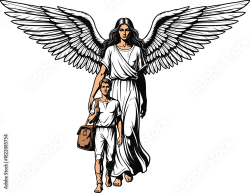 Divine angel guiding a pilgrim woman on a mystical path of light, symbolizing faith, protection, and transformation