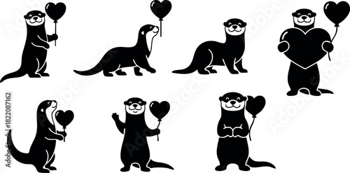 Otter silhouettes holding heart balloons and heart shapes love valentines day romantic vector illustration