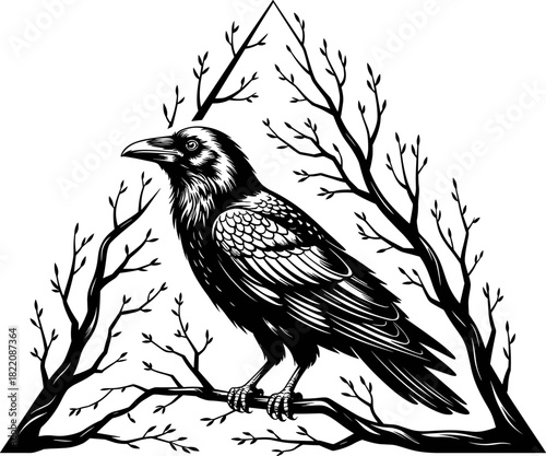 Detailed Engraving Style Raven Perched in Triangle of Barren Branches, Symbolizing Gothic, Mysticism, Esoteric, and Dark Nature Art