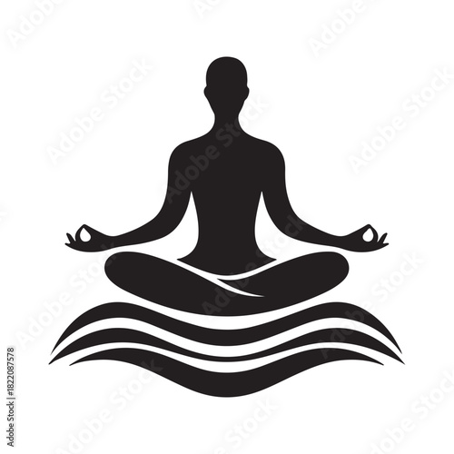 Silhouette of person meditating in lotus pose on abstract wavy water waves, symbolizing peace and balance.
