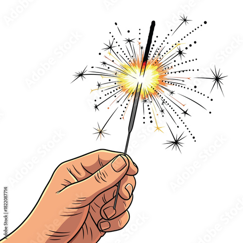 A hand holding a lit sparkler, creating a bright display of light and sparks.