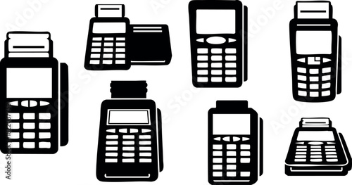 Payment terminals collection flat icons set different models and types handheld devices for transactions vector illustration