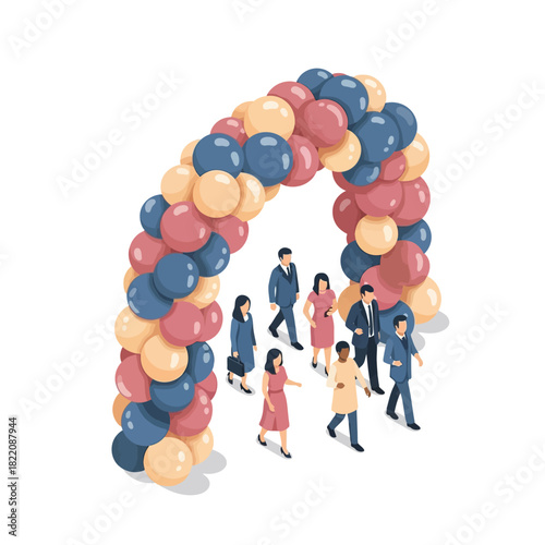 Isometric illustration of people walking through a balloon archway, celebrating an event.