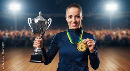 Young woman winner holding gold trophy and first place medal on sports stadium with cheering crowd