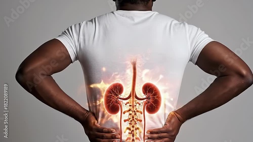 Rear view of a man touching his lower back with a glowing illustration of painful kidneys and spine