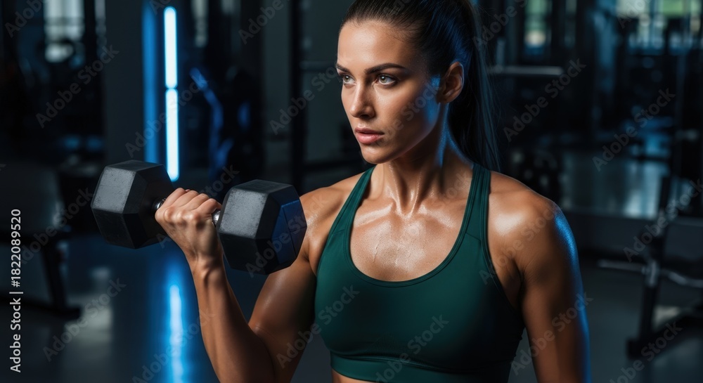 Fototapeta premium Strong female athlete lifting heavy dumbbell weight during intense workout in modern dark gym with blue lighting
