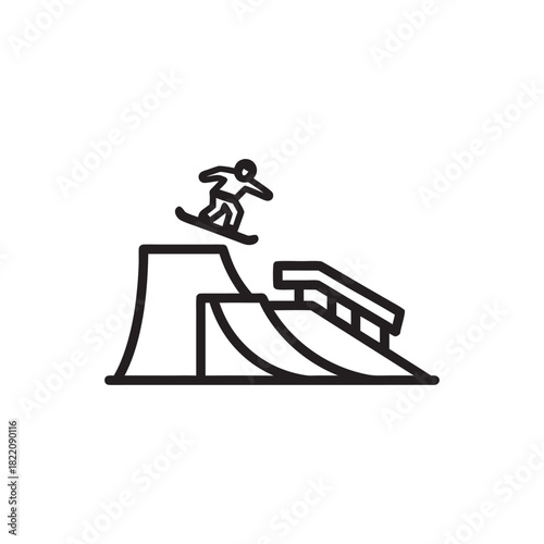 Ski resort snowboarder jumping on ramp black and white vector icon