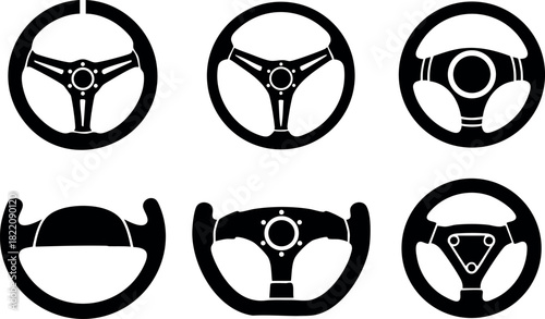 Collection of six black car steering wheel designs vector illustration isolated on white background