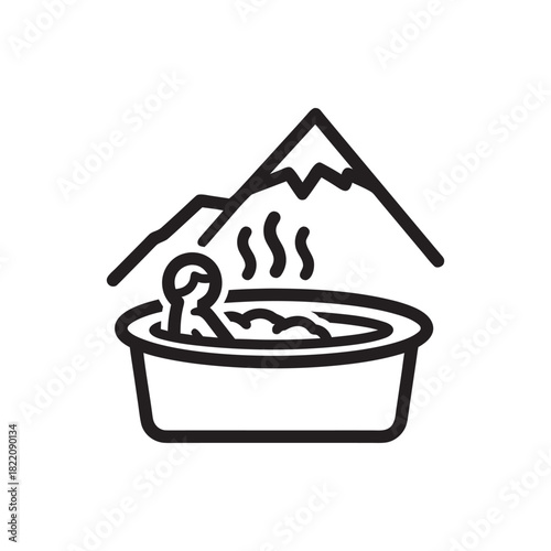 Ski resort hot tub icon person relaxing in outdoor jacuzzi with mountain view black and white winter vacation vector illustration