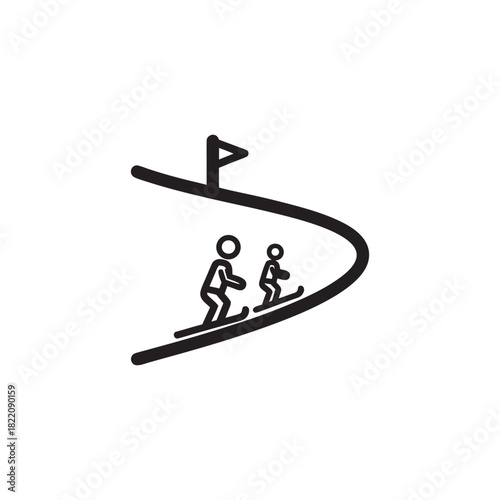 Ski resort slope icon with skiers on mountain piste black and white vector illustration
