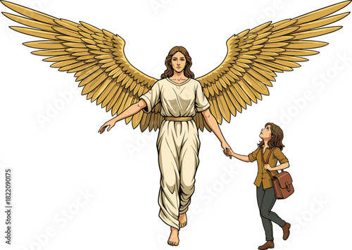Divine angel guiding a pilgrim woman on a mystical path of light, symbolizing faith, protection, and transformation