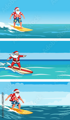 Santa surfing on a surfboard in tropical ocean waves, background, copy space, vector, set  