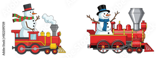 Snowman on train in colorful design with festive elements, transparent background, isolated, vector, set  