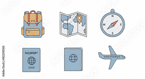 A vibrant and colorful collection of essential travel icons, featuring a backpack, map, compass, passport, and airplane for planning a global adventure