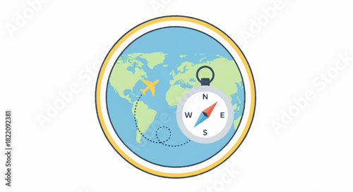 Globe with Airplane and Compass Icon Representing Global Travel and Exploration