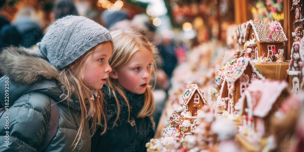Obraz premium Children look at gingerbread houses and sweets at Christmas market stall. Festive childhood excitement, winter fair atmosphere, traditional treats.