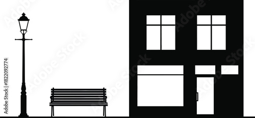 Street furniture and a building facade street scene with small town, shop or city skyline silhouette. Outdoor park with a bus stop area. Storefront main street vector illustration 
