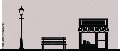 Street furniture and a building facade street scene with small town, shop or city skyline silhouette. Outdoor park with a bus stop area. Storefront main street vector illustration 