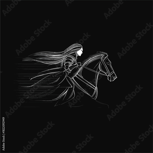 Woman riding horse silhouette illustration on black background
