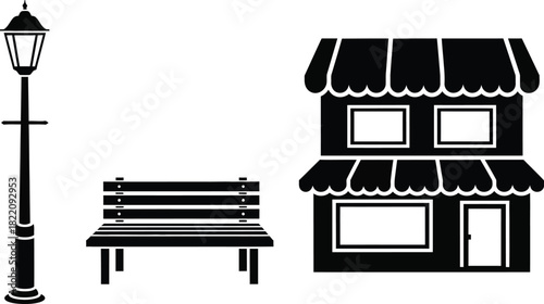 Street furniture and a building facade street scene with small town, shop or city skyline silhouette. Outdoor park with a bus stop area. Storefront main street vector illustration 